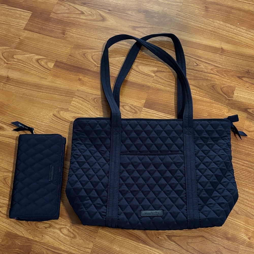 Vera Bradley Navy Quilted Tote and Wallet Set